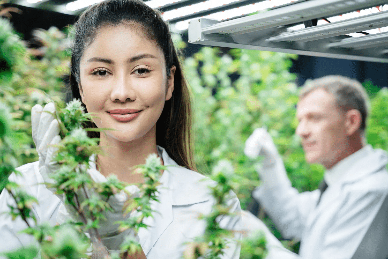 Woman at grow facility poses with cannabis plant